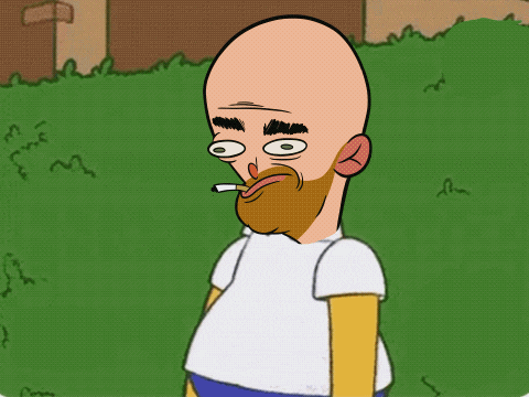 a bald man with a beard is smoking a cigarette in a cartoon