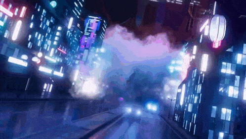 a car is driving down a street in a futuristic city at night ..