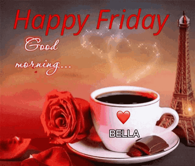 a cup of coffee with a heart and the name bella written on it