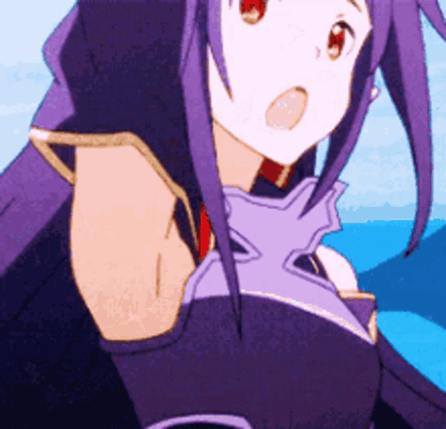 a girl with purple hair is standing in front of a blue ocean