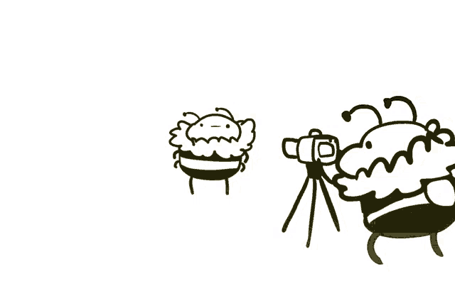a cartoon drawing of a bee taking a picture of a cupcake with the words so above it