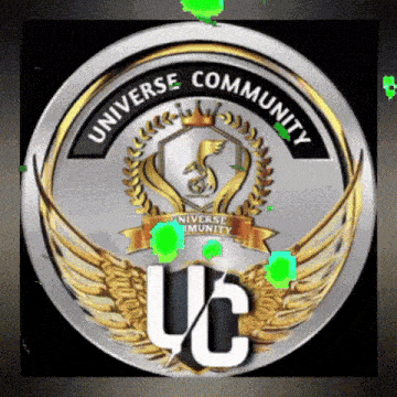 a silver and gold emblem with the words universe community on it