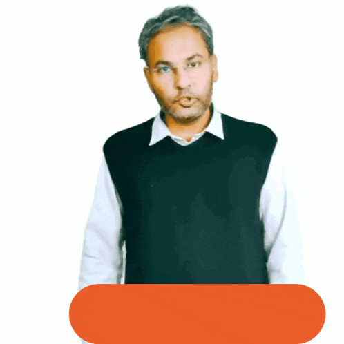 a man wearing a black vest and a white shirt is standing in front of an orange button that says ' sab '