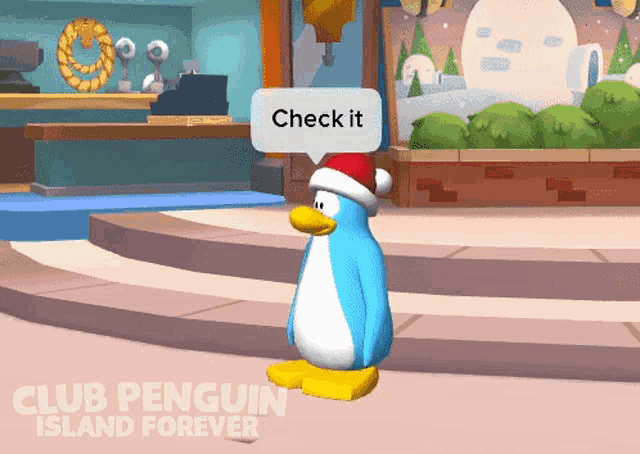 a penguin wearing a santa hat says check it in a video game