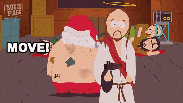 jesus holding a gun in front of a south park sign