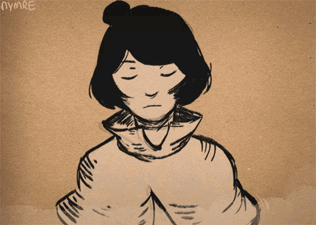 a drawing of a person covering their face with their hands with nymre written on the bottom