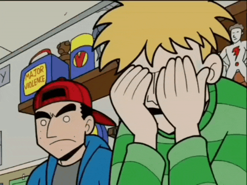 a cartoon character covering his face with his hands in front of a shelf that says major violence