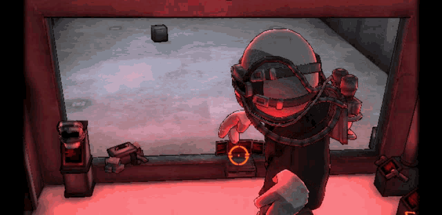 a cartoon character with a helmet on stands in front of a mirror