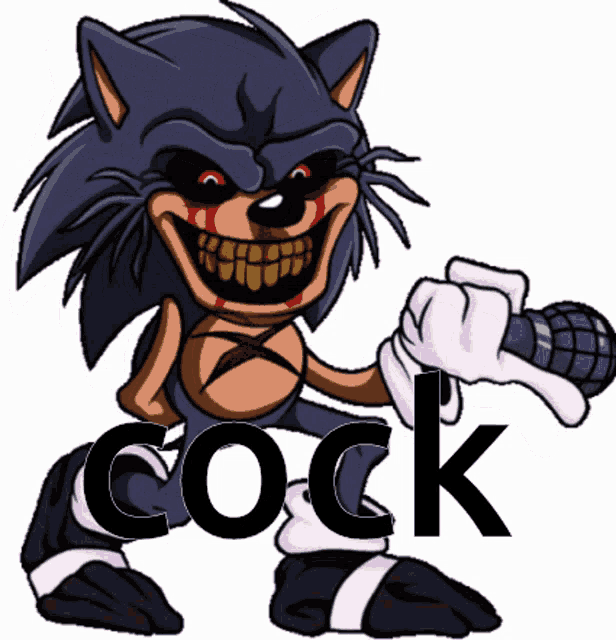 a cartoon drawing of sonic the hedgehog holding a microphone with the word cock below him
