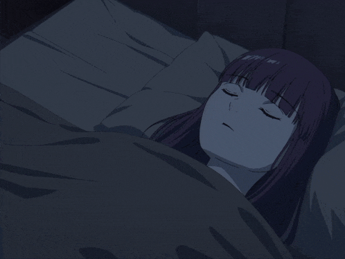 two anime girls are sleeping in a bed and one of them is yawning