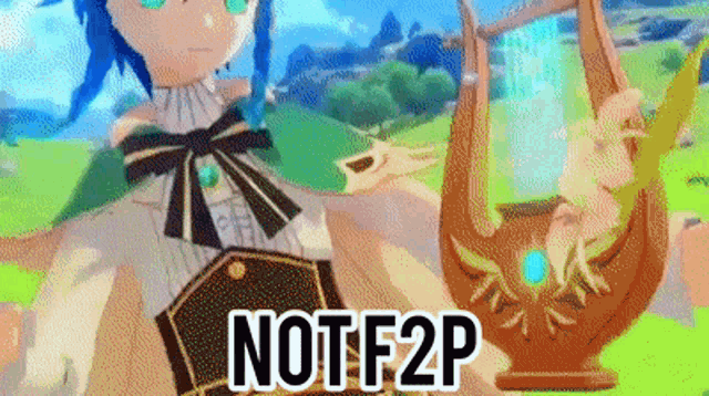 a cartoon character is holding a harp and the words `` not f2p '' are on the bottom .