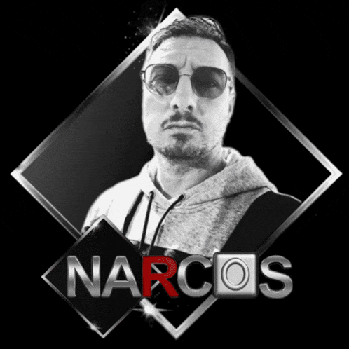 a black and white photo of a man with sunglasses and the word narcos