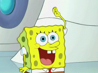 spongebob squarepants is smiling and waving his hand in front of a white wall .