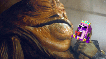 jabba the hutt is holding a purple and pink pixel art