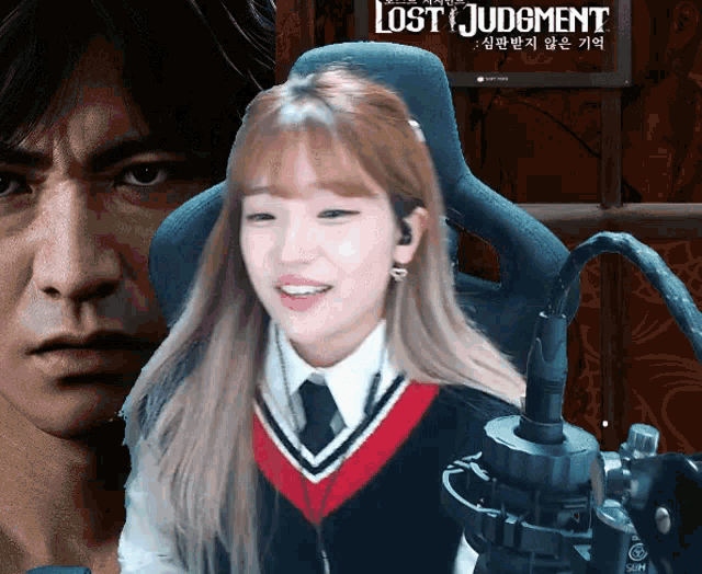 a woman sitting in front of a lost judgment poster