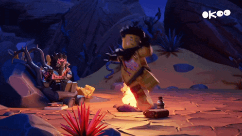 a cartoon of a man standing next to a fire with the word ok on the bottom left