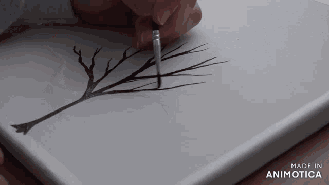 a person is drawing a tree with a brush on a piece of paper that says made in animonica