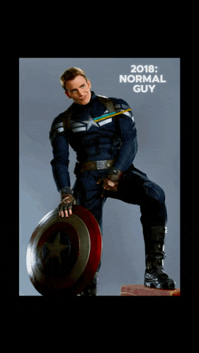 a man in a captain america uniform is holding a shield and the year 2018 is on the bottom