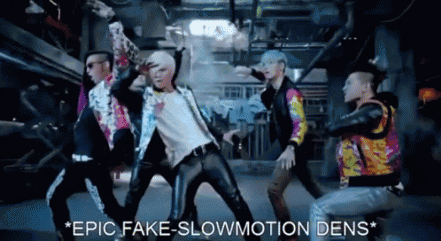 a group of men are dancing in a dark room with the words epic fake slowmotion dens on the bottom