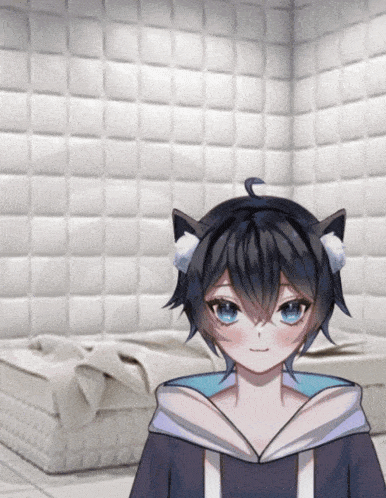 a girl with cat ears and blue eyes stands in front of a white wall