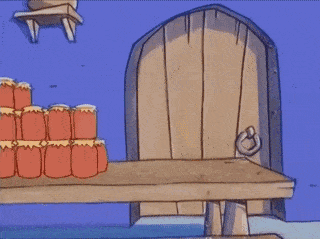 a cartoon of a woman in a green dress standing in front of a table with jars on it .
