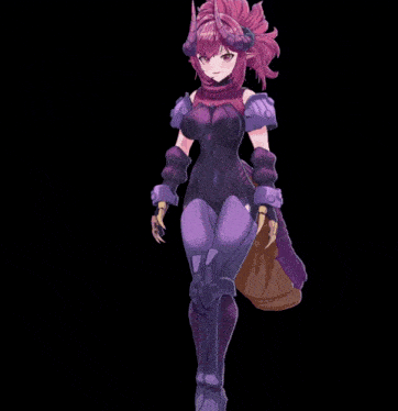 a purple anime character with horns and a huge tail