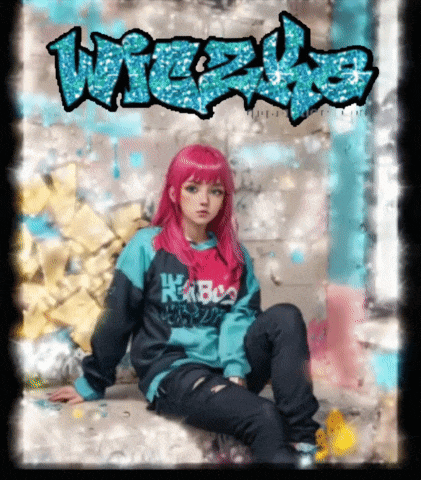 a girl with pink hair is sitting in front of a graffiti wall with the word wizks written in blue glitter