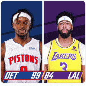 two basketball players from the pistons and lakers are shown