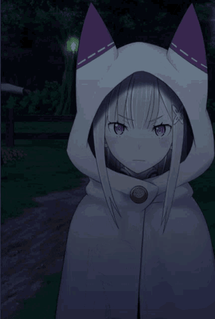 a girl with white hair and purple eyes is wearing a hooded cape
