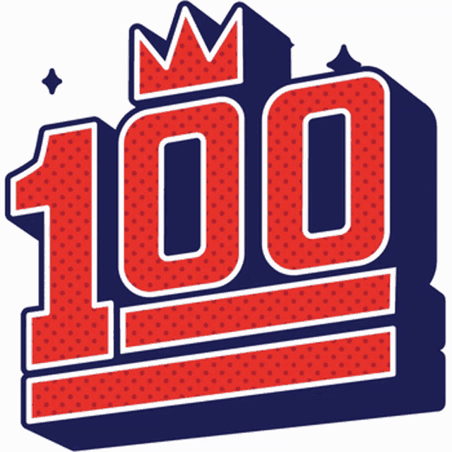 a red and blue sign that says 100 with a crown