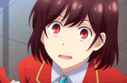 a close up of a girl 's face with red eyes and a blue tie