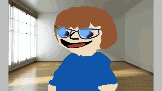a cartoon drawing of a boy wearing glasses and a blue shirt