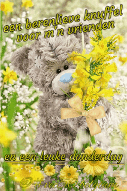 a teddy bear holding a bouquet of yellow flowers with the words een berenlieve knuffel voor m n vrienden