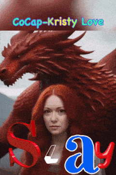 a woman with red hair is standing in front of a red dragon with the words cocap kristy love written above her