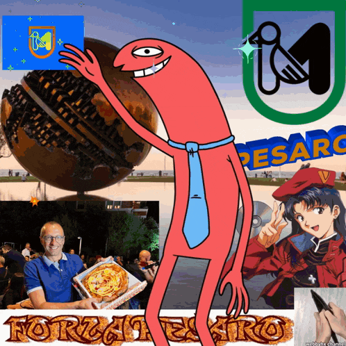 a cartoon of a man holding a pizza box with the word pesaro in the corner