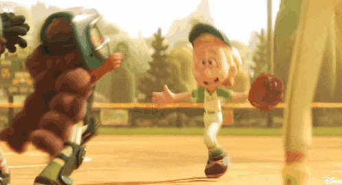 a cartoon of a boy playing baseball with the word disney on the bottom