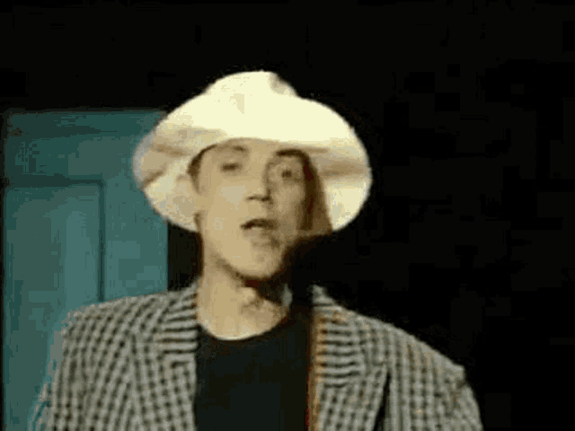 a man wearing a cowboy hat and a plaid jacket is standing in a dark room .