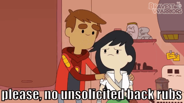 a cartoon of a man and woman with the words please no unsolicited back rubs below them