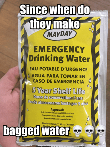 a bag of mayday emergency drinking water with skulls on it