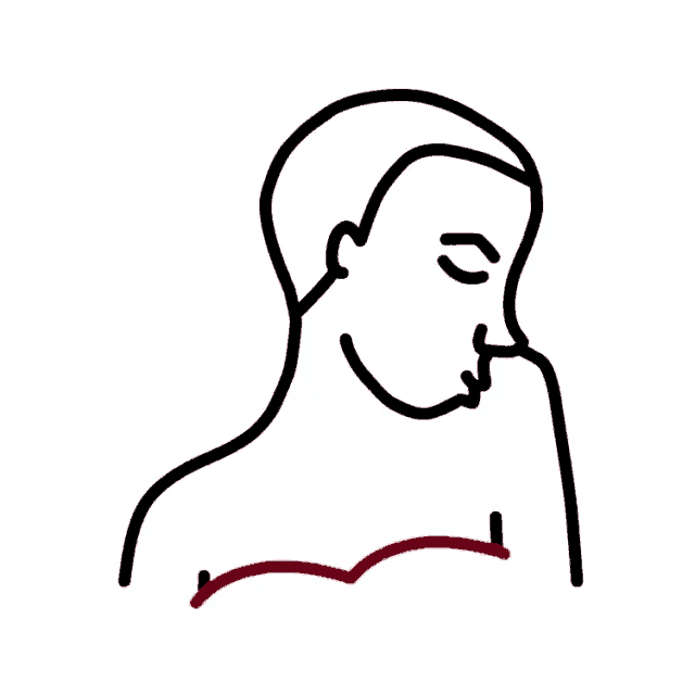 a line drawing of a woman 's face and chest with a red line