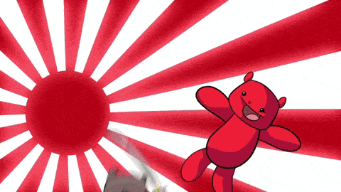 a red teddy bear is dancing in front of a red and white sun