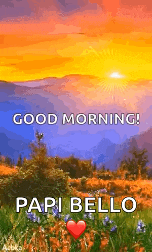 a good morning greeting card with a sunset in the background