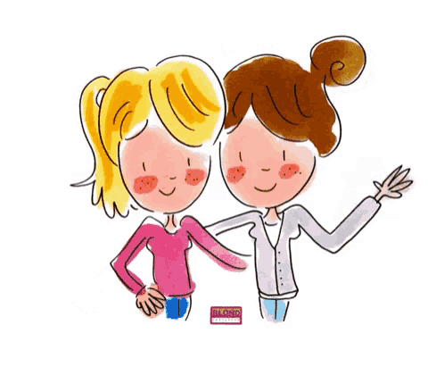 a drawing of two girls laughing with the words ha ha ha hi hi hi written above them