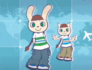 two cartoon characters standing next to each other on a map