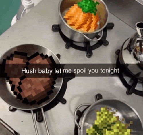a pot of carrots is on a stove next to a pot of steak and a heart shaped pot of broccoli