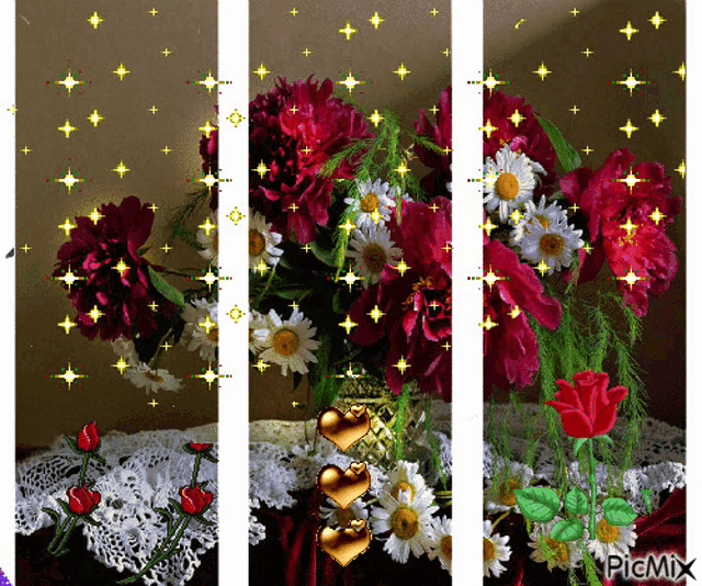 a bunch of flowers in a vase with the word picmix at the top