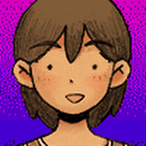 a cartoon of a girl with brown hair and a purple background .