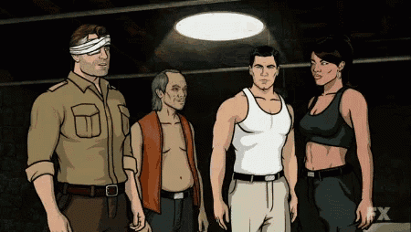 a group of cartoon characters are standing next to each other with the fx logo in the lower right corner
