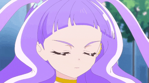 a close up of a girl with purple hair and a yellow necklace