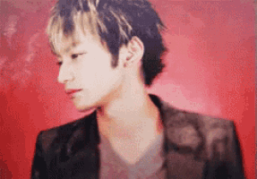 a man in a black jacket and gray shirt is standing in front of a red background
